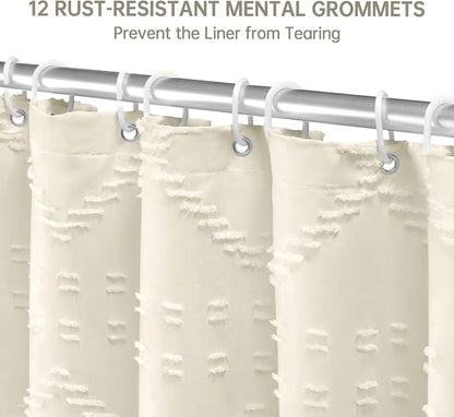 Siiluminisoy Extra Long Cream Boho Shower Curtain, 72 x 78 Tufted Chevron Textured Striped Modern Farmhouse Minimalist Woven Fabric for Bathroom