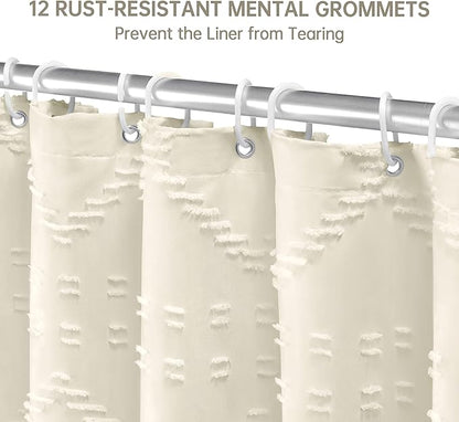 Extra Long Cream Boho Shower Curtain Woven Fabric Cute 90 Inch Shower Curtain, 72 x 90 Tufted Chevron Textured Striped Modern Farmhouse Minimalist Cloth Shower Curtain for Bathroom