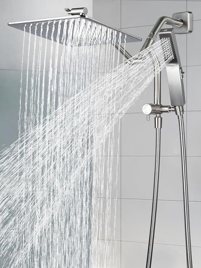 G-Promise 10 Inch All Metal Rain Shower Head with Handheld (Brushed Nickel) | Full Body Coverage, Pause Mode Diverter, Power Wash Mode Handheld, Suits Every Height, Easy to Install, Modern Bath Upgrade