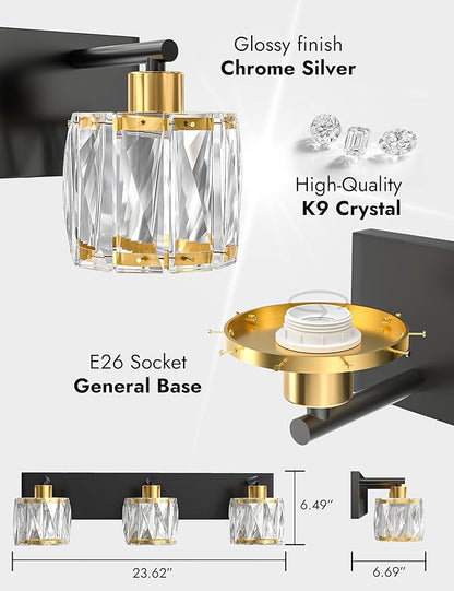VOLISUN Crystal Vanity Lights for Bathrooms, 4 Light Bathroom Vanity Light, Black and Gold Bathroom Light Over Mirror, Modern Bathrooms Lights Fixtures-UL Certificated(Exclude Bulb)