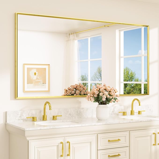 Brushed Gold Mirror Beveled Frame 72" x 36" Large Brass Gold Rectangle Bathroom Vanity Wall Mirror for Over Sink, Modern Farmhouse, Tempered Glass, Shatterproof, Stronger Frame