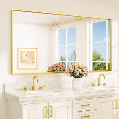 Brushed Gold Mirror Beveled Frame 72" x 36" Large Brass Gold Rectangle Bathroom Vanity Wall Mirror for Over Sink, Modern Farmhouse, Tempered Glass, Shatterproof, Stronger Frame