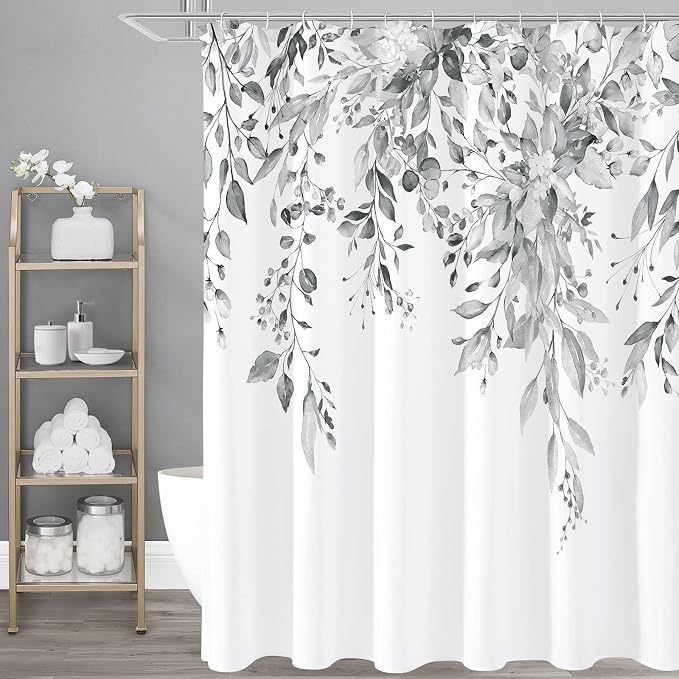 Grey Eucalyptus Shower Curtain, Watercolor Floral Print, 72x84 | Watercolor Plant Leaves Floral Print, Extra Long Waterproof Fabric Bathroom Decor, Machine Washable, Rustproof Grommets