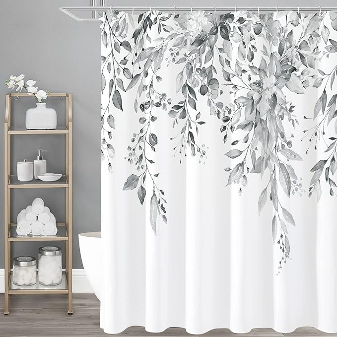 Grey Eucalyptus Shower Curtain, Watercolor Floral Print, 72x72 | Watercolor Plant Leaves Floral Print, Waterproof Fabric Bathroom Decor, Machine Washable, Rustproof Grommets