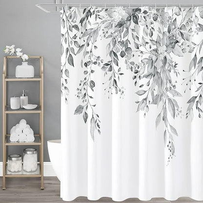 Grey Eucalyptus Shower Curtain, Watercolor Floral Print, 72x72 | Watercolor Plant Leaves Floral Print, Waterproof Fabric Bathroom Decor, Machine Washable, Rustproof Grommets