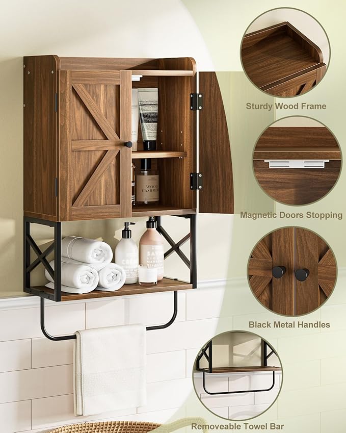 Masupu Bathroom Cabinet Wall Mounted, Wooden Medicine Cupboard with Adjustable Shelves, Space-Saving Wall Storage Unit for Bathroom, Kitchen and Living Room (9"D x 15.35"W x 27.16"H,Country Walnut)