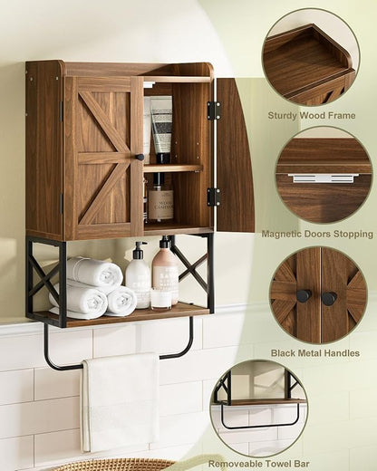 Masupu Bathroom Cabinet Wall Mounted, Wooden Medicine Cupboard with Adjustable Shelves, Space-Saving Wall Storage Unit for Bathroom, Kitchen and Living Room (9"D x 15.35"W x 27.16"H,Country Walnut)