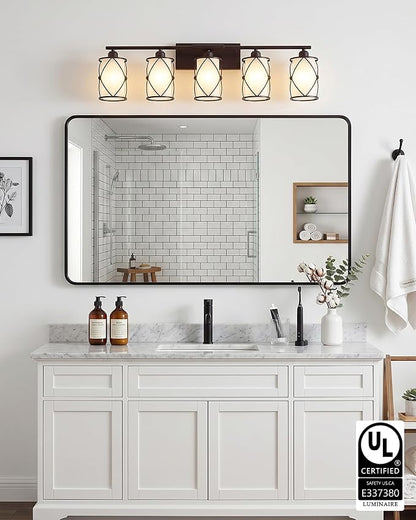 5-Light Oil Rubbed Bronze Bathroom Light Fixtures Over Mirror, 38" UL-Listed Modern Farmhouse Wall Sconce Lights with Milk White Frosted Glass and Metal Cage for Bath, E26, CH9176ORBW-5W