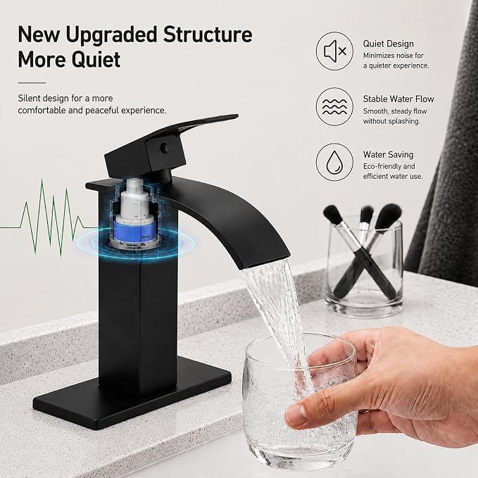 VOTON Black Bathroom Faucets, Waterfall 1 Hole Faucet with Deck & Drain | Single-handle lead-free SUS304 faucet | includes pop-up drain, cUPC supply hoses and 6 in deck plate for 1 or 3-hole sinks