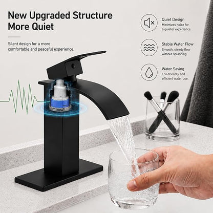 VOTON Black Bathroom Faucets, Waterfall 1 Hole Faucet with Deck & Drain | Single-handle lead-free SUS304 faucet | includes pop-up drain, cUPC supply hoses and 6 in deck plate for 1 or 3-hole sinks
