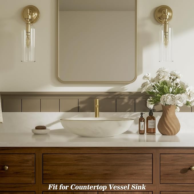 Brushed Gold One Hole High Bathroom Vessel Sink Faucet, Single Hole Single Handle Tall Bathroom Faucet, with Pop Up Drain and Water Supply Line,FH01-BG-V