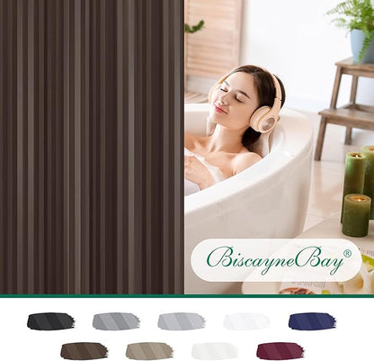 Biscaynebay Fabric Shower Curtain or Liner 72" by 72", Brown Water Repellent Damask Stripes Bathroom Curtains Machine Washable