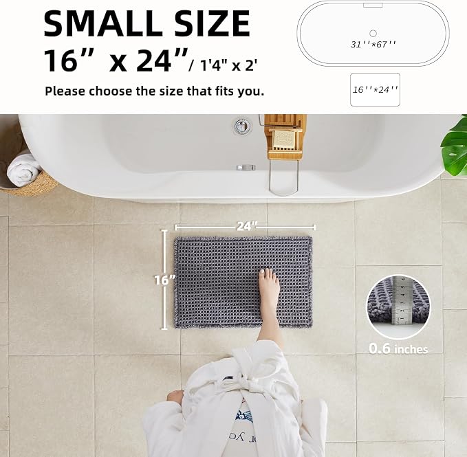 TYUU Waffle Bath Mat, Small Boho Bathroom Rugs Non Slip 24x16 Grey | Super Absorbent Quick Dry Bath Rug, Non-Slip Backing, Soft Waffle Washable Farmhouse Bathroom Mats, Tub, Shower & Home Decor