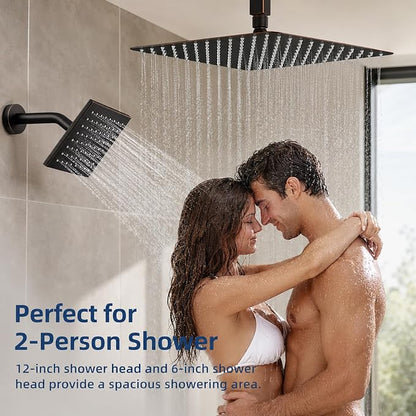 Thermostatic Dual Shower System, Oil Rubbed Bronze Shower Faucet | 12 Inch Ceiling Rainfall Shower, 6 Inch Wall Mount Head, High Pressure Handheld Sprayer, Push Button Valve