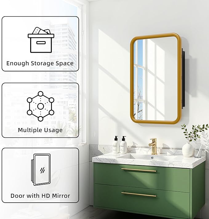 Casaphoria 30" H x 20" W Bathroom Medicine Cabinet with Mirror, Metal Frame Wall Medicine Cabinets Mirrors, Wall Mirror Cabinet, Gold