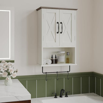 ChooChoo Farmhouse Medicine Cabinet, Bathroom Wall Cabinet with Adjustable Shelf, Towel Bar, 3 Hooks, Over The Toilet Storage Cabinet for Bathroom, Kitchen, Antique White & Brown