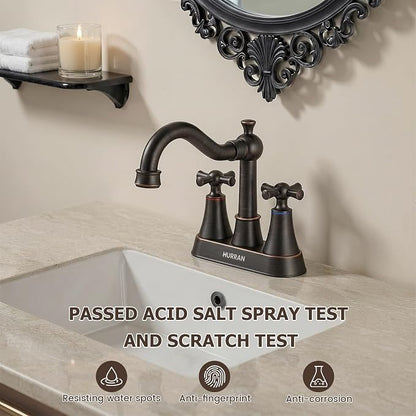4-inch Centerset ORB Classical Bathroom Faucet, 2 Handles for 2 or 3 Hole Sink with 360° Swivel Spout, Pop Up Drain Assembly and Supply Hose for Vanity Sink Lavatory Faucet