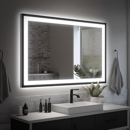 EchosLife 40x24 LED Bathroom Mirror - Black Aluminum Framed | Black Frame, Front and Backlit, Anti-Fog, Stepless Dimmable, 3 Colors, Memory, Tempered Glass, UL Listed, Horizontal/Vertical