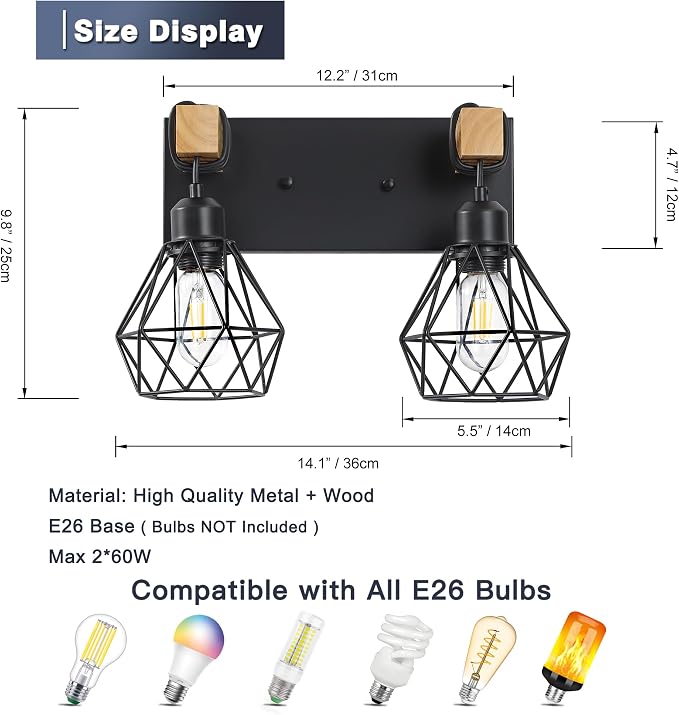 maesta 3 Light Bathroom Vanity Light, Farmhouse Black Fixture Over Mirror | Farmhouse Bathroom Light Fixtures, Wood & Metal, Anti-Rust, Easy to Install for Rustic Bathroom Hallway