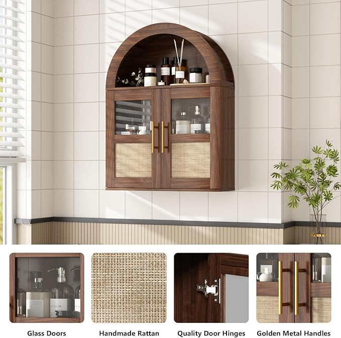 RUSTOWN Arched Bathroom Wall Cabinet with 2 Glass & Rattan Doors | Rattan Medicine Cabinet, Farmhouse Over the Toilet Storage Cabinet, Adjustable Shelves, 3-Tier Wall Mounted Cabinets