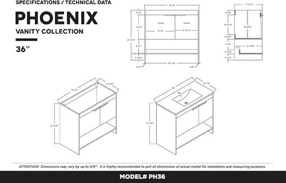 Phoenix 36 Inch Bathroom Vanity with Sink – Modern Design, Soft-Close Doors, Storage Drawers, Durable Build – White Vanity for Small Bathrooms (Full Assembly Required)