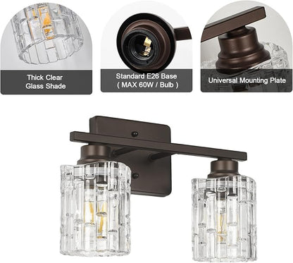 Refice 2-Light Bathroom Vanity Lights Crystal Glass, Oil Rubbed Bronze | Bathroom Light Fixtures Vanity Lighting Over Mirror for Living Room Farmhouse, Hallway