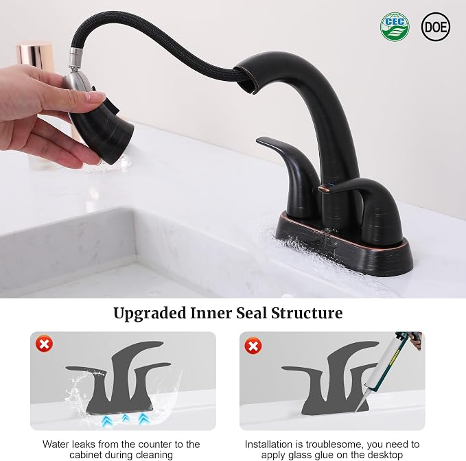 Bathroom Faucet with Sprayer, 4 Inch Oil Rubbed Bronze with Pop Up Drain | Ultimate Unicorn Centerset Pull Down Vanity Faucets 3 Hole- Two Handle Modern Washbasin Tap Set for Rv Lavatory Restroom