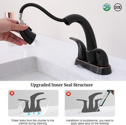 Bathroom Faucet with Sprayer, 4 Inch Oil Rubbed Bronze with Pop Up Drain | Ultimate Unicorn Centerset Pull Down Vanity Faucets 3 Hole- Two Handle Modern Washbasin Tap Set for Rv Lavatory Restroom
