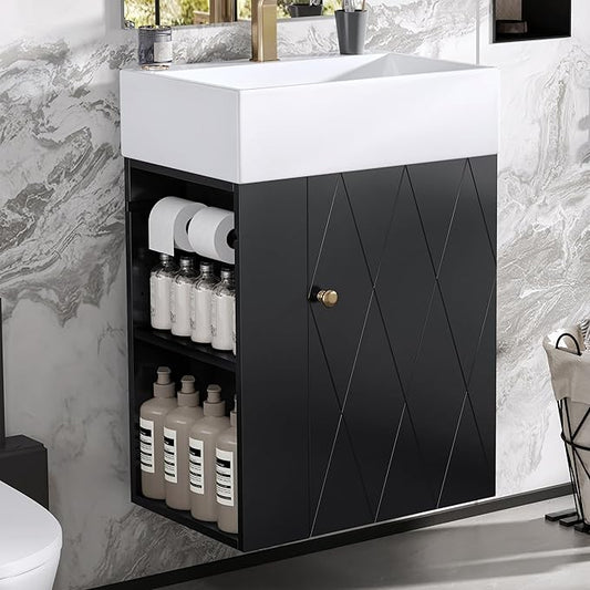 Harper & Bright Designs 20" Bathroom Vanity with Sink, Wall-Mounted Single Basin Vanity Set with Cabinet & Two-Tier Left Side Storage Shelf, Storage Cabinet with Ceramic Basin for Bathroom, Black