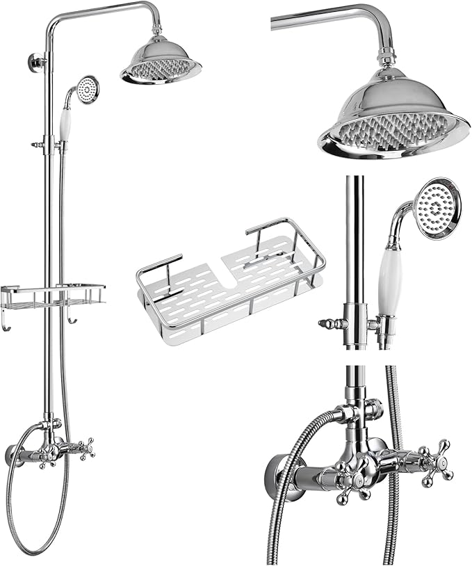 gotonovo Polish Chrome 8 inch Rainfall Shower Head With Adjustable Ceramics Handheld Sprayer Dual Functions Exposed Shower Faucet with Shower Shelf Wall Mounted Double Cross Handles