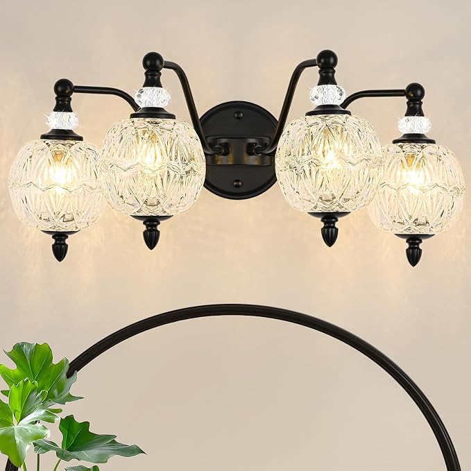 4-Light Matte Black Bathroom Vanity Light, Farmhouse Wall Sconce with Globe Glass Shades, Mid Century Retro Mirror Light for Bathroom, Powder Room