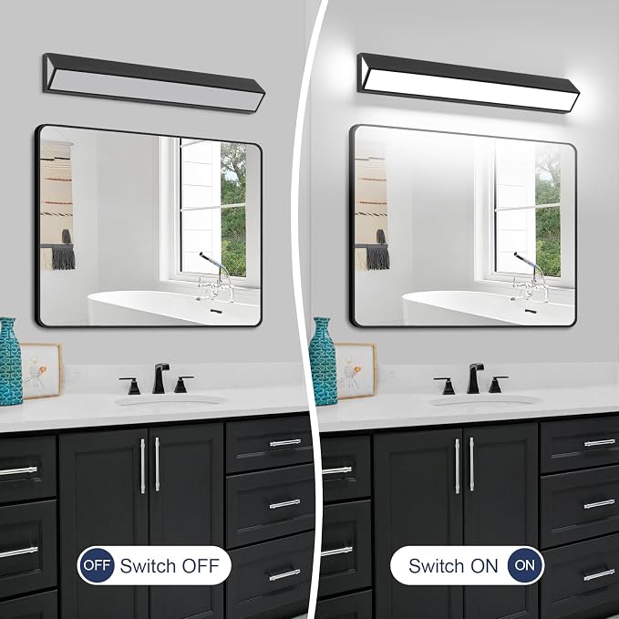 32-Inch LED Modern Bathroom Vanity Light Fixtures, Matte Black Modern Acrylic Bathroom Wall Lighting Fixtures Over Mirror (Cool White 6000K)