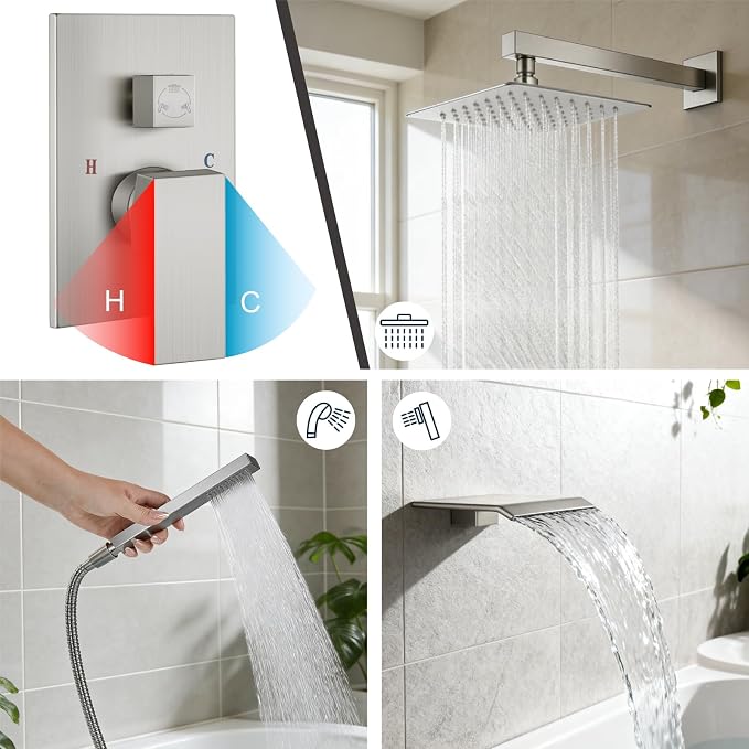 Midanya Shower System with Tub Spout,12 Inch Shower Head,Brushed Nickel | with Valve & Trim Kit,Square Rain Head,Handheld Sprayer,Waterfall Spout,All Metal Wall Mount Bathroom Shower Tub Faucet Set