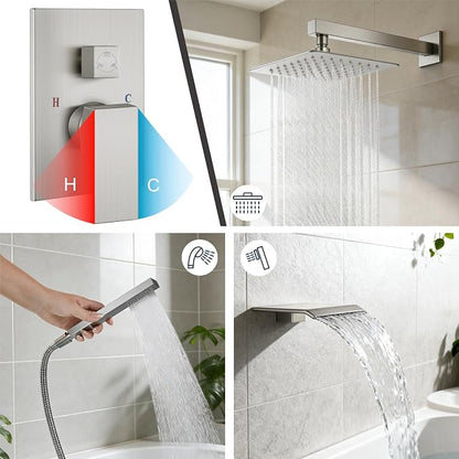 Midanya Shower System with Tub Spout,12 Inch Shower Head,Brushed Nickel | with Valve & Trim Kit,Square Rain Head,Handheld Sprayer,Waterfall Spout,All Metal Wall Mount Bathroom Shower Tub Faucet Set