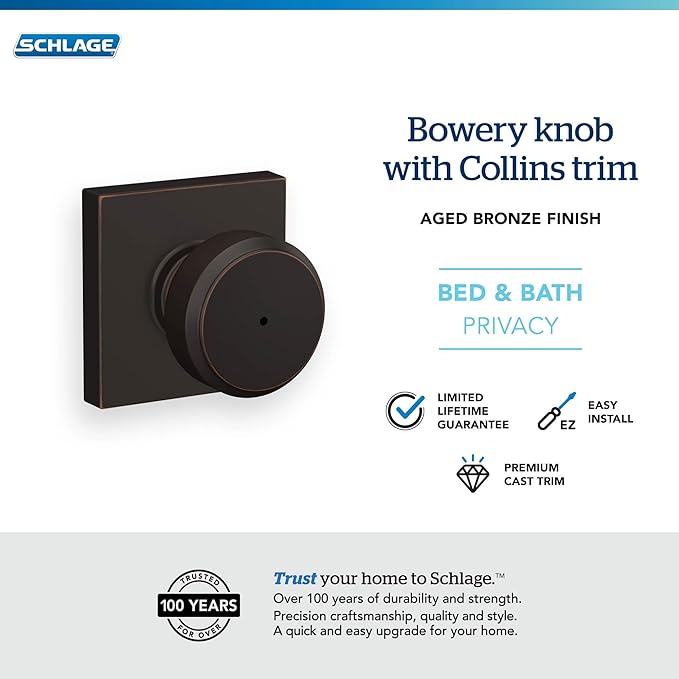 Schlage F40 BWE 716 COL Bowery Knob with Collins Trim Bed & Bath Privacy Door Lock, Aged Bronze