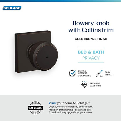 Schlage F40 BWE 716 COL Bowery Knob with Collins Trim Bed & Bath Privacy Door Lock, Aged Bronze