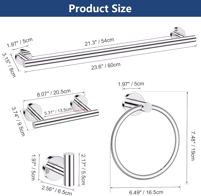 TQKAG 5 Piece Towel Racks for Bathroom, 23.6" Bathroom Hardware Set Chrome | Bathroom Hardware Set, SUS304 Stainless Steel, Double Post Pivoting, Towel Hooks, Toilet Paper Holder Set Wall Mounted