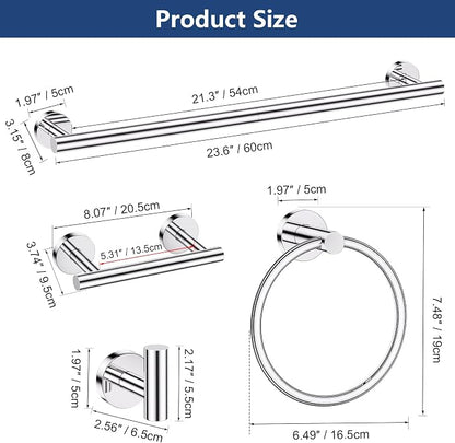 TQKAG 5 Piece Towel Racks for Bathroom, 23.6" Bathroom Hardware Set Chrome | Bathroom Hardware Set, SUS304 Stainless Steel, Double Post Pivoting, Towel Hooks, Toilet Paper Holder Set Wall Mounted