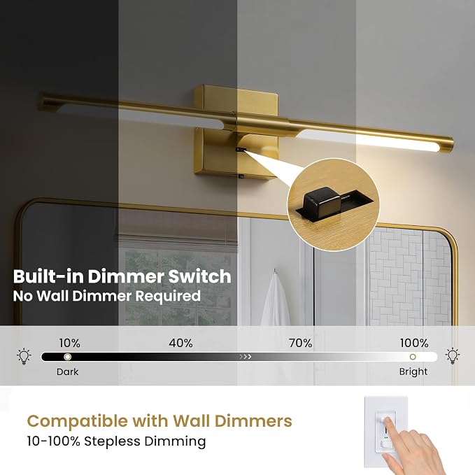 Epinl Modern Gold Bathroom Vanity Light, 24 inch 5CCT Dimmable Bathroom Lighting Fixture Over Mirror, 360° Rotatable Brush Gold LED Vanity Light Fixtures for Bathroom