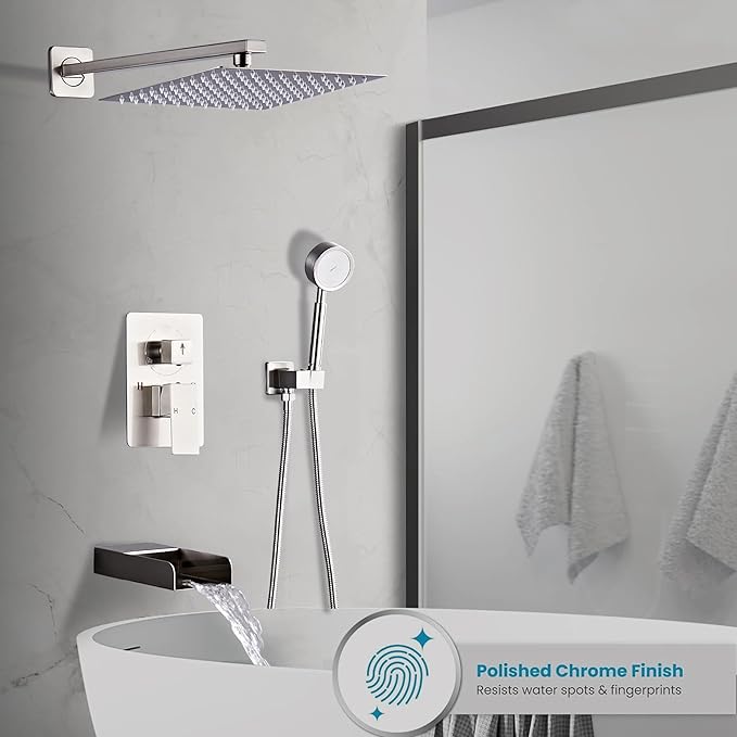 Brushed Nickel Shower Tub Faucet Set, Wall Mounted 10 Inch Shower Heads with Handheld Spray Combo and Tub Shower Faucet, Luxury Bathroom Square Rain Shower System - 4 Hooks