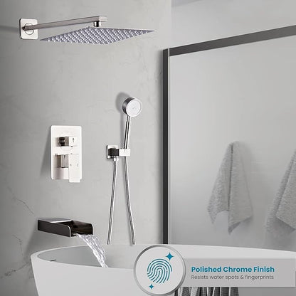 Brushed Nickel Shower Tub Faucet Set, Wall Mounted 10 Inch Shower Heads with Handheld Spray Combo and Tub Shower Faucet, Luxury Bathroom Square Rain Shower System - 4 Hooks