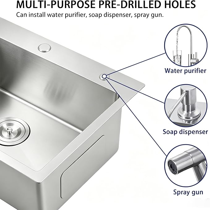 VAPSINT 28 Inch Drop in Kitchen Sink, 28x18 Inch Top Mount 16 Gauge Commercial T304 Stainless Steel Sink for Kitchen, 9 Inch Deep Handmade Single Bowl Basin Laundry Utility Wet Prep Sink, Fregadero