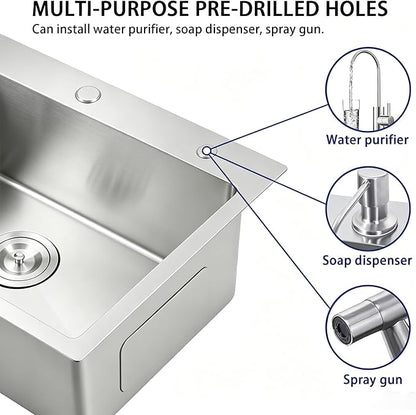 VAPSINT 28 Inch Drop in Kitchen Sink, 28x18 Inch Top Mount 16 Gauge Commercial T304 Stainless Steel Sink for Kitchen, 9 Inch Deep Handmade Single Bowl Basin Laundry Utility Wet Prep Sink, Fregadero
