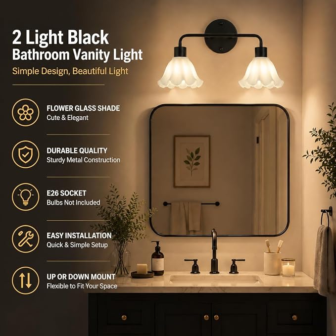 2 Light Black Bathroom Light Fixture,Modern Black Vanity Lighting Over Mirror,Cute White Glass Flower Lampshade,Wall Sconces,E26 Socket(Bulbs Not Included)