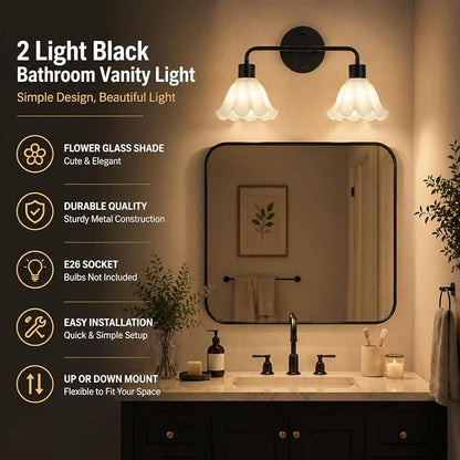 2 Light Black Bathroom Light Fixture,Modern Black Vanity Lighting Over Mirror,Cute White Glass Flower Lampshade,Wall Sconces,E26 Socket(Bulbs Not Included)
