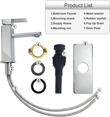 Chrome Bathroom Faucet with Pop-Up Drain | Single Handle Bathroom Sink Faucet with Deck Plate, Suitable for RV, Farmhouse, Vanity Sinks, 1 or 3 Hole Installation