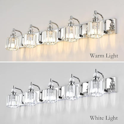 Ralbay Modern Crystal Vanity Lights 5 Light 40" Modern Crystal Bathroom Lights Fixtures Over Mirror Stainless Steel Chrome Vanity Light for Bathroom Wall Lights Fixtures