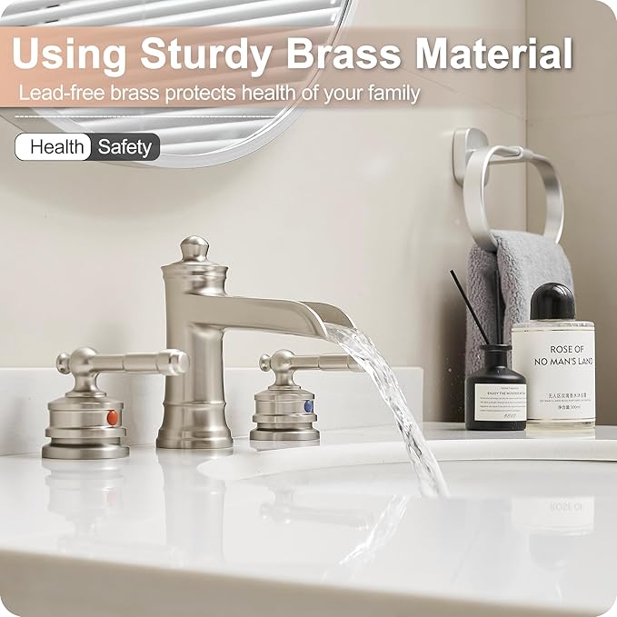 Waterfall Bathroom Faucet Matte Brushed Nickel, Brass 3 Hole Faucet Bathroom Sink Faucet Widespread 4-16 Inch Faucet for Bathroom Sink, 2 Handle Bathroom Faucets with Pop-up Drain & Water Hoses