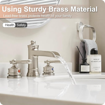 Waterfall Bathroom Faucet Matte Brushed Nickel, Brass 3 Hole Faucet Bathroom Sink Faucet Widespread 4-16 Inch Faucet for Bathroom Sink, 2 Handle Bathroom Faucets with Pop-up Drain & Water Hoses