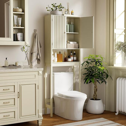 GIANTEX Over The Toilet Storage Cabinet, Bathroom Organizer w/Fluted Doors, Adjustable Shelf&Bottom Bar, Open Storage Cube, Space-Saving Above Toilet Storage Cabinet for Laundry (Cream White)